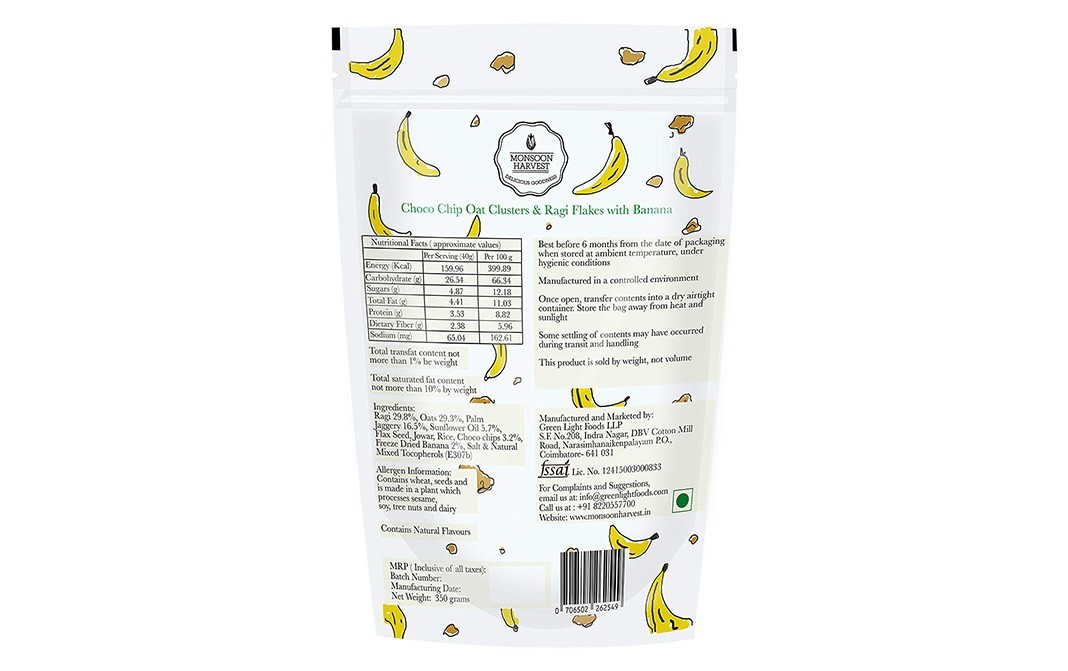 Monsoon Harvest Choco Chip Oat Clusters & Ragi Flakes With Banana   Pack  350 grams